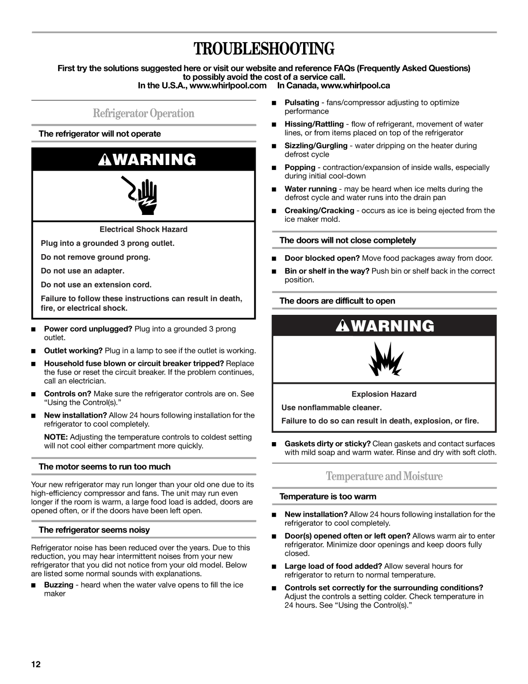 Whirlpool WF-L200V, WF-NL120V installation instructions Troubleshooting, Refrigerator Operation, Temperature and Moisture 