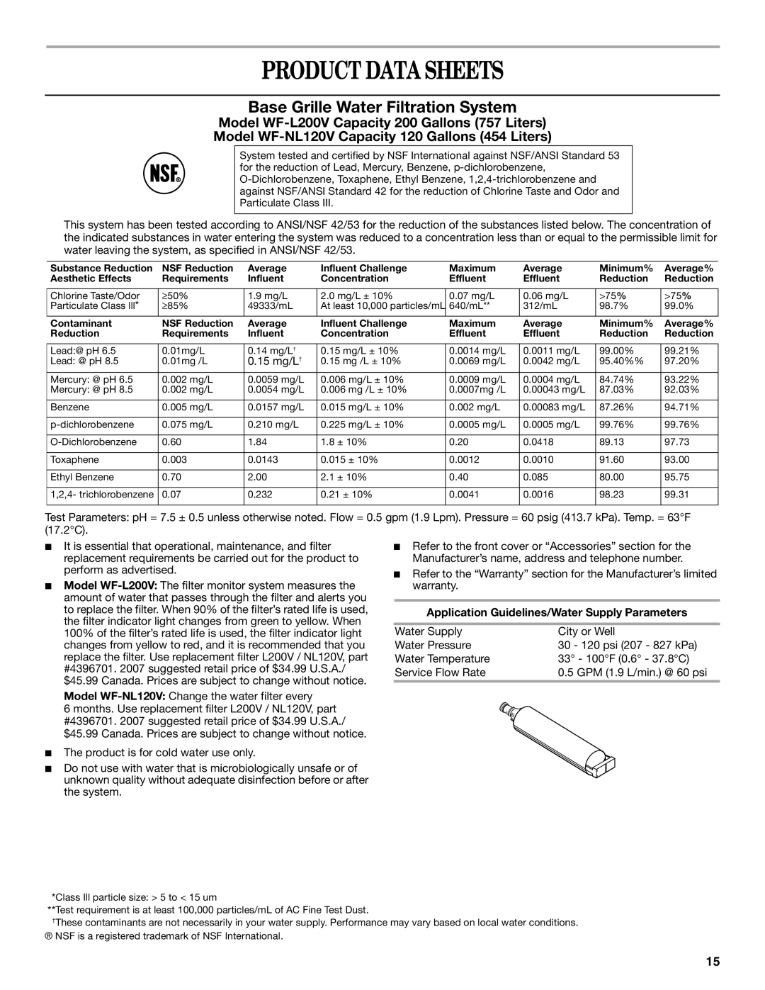 Whirlpool WF-L200V Product Data Sheets, 15 mg/L †, Model WF-NL120VChange the water filter every 