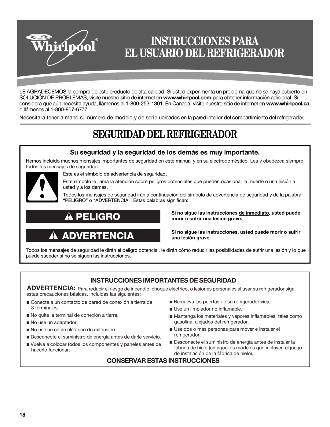 Whirlpool WF-L200V, WF-NL120V installation instructions Seguridad DEL Refrigerador, EL Usuario DEL Refrigerador 