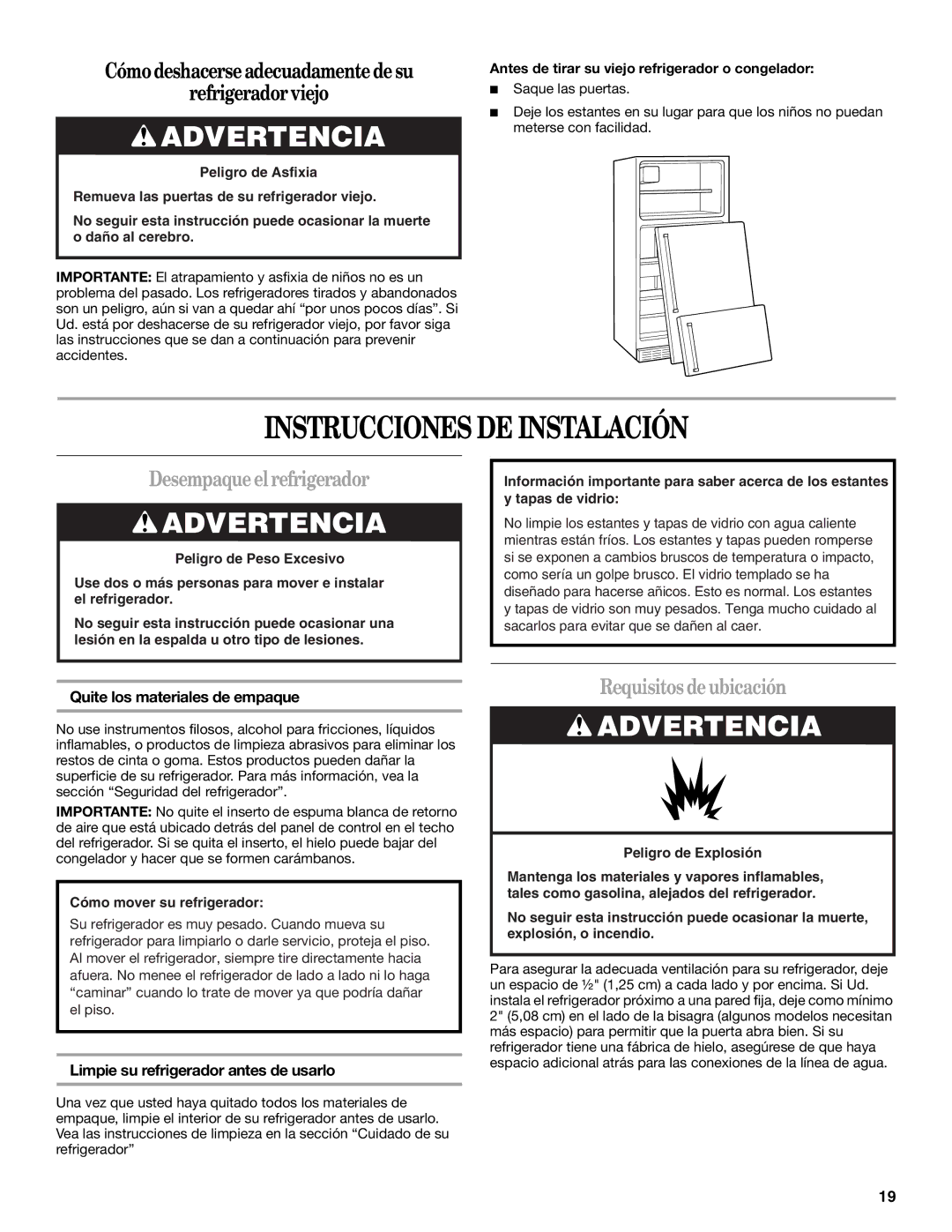 Whirlpool WF-NL120V, WF-L200V Instrucciones DE Instalación, Desempaque el refrigerador, Requisitos de ubicación 