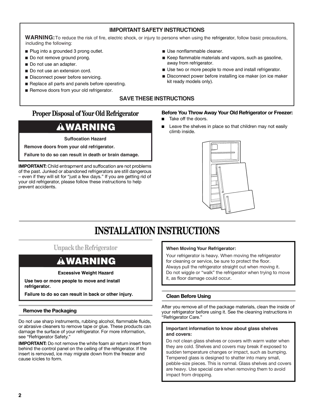 Whirlpool WF-L200V, WF-NL120V Installation Instructions, Unpack the Refrigerator, Remove the Packaging, Clean Before Using 