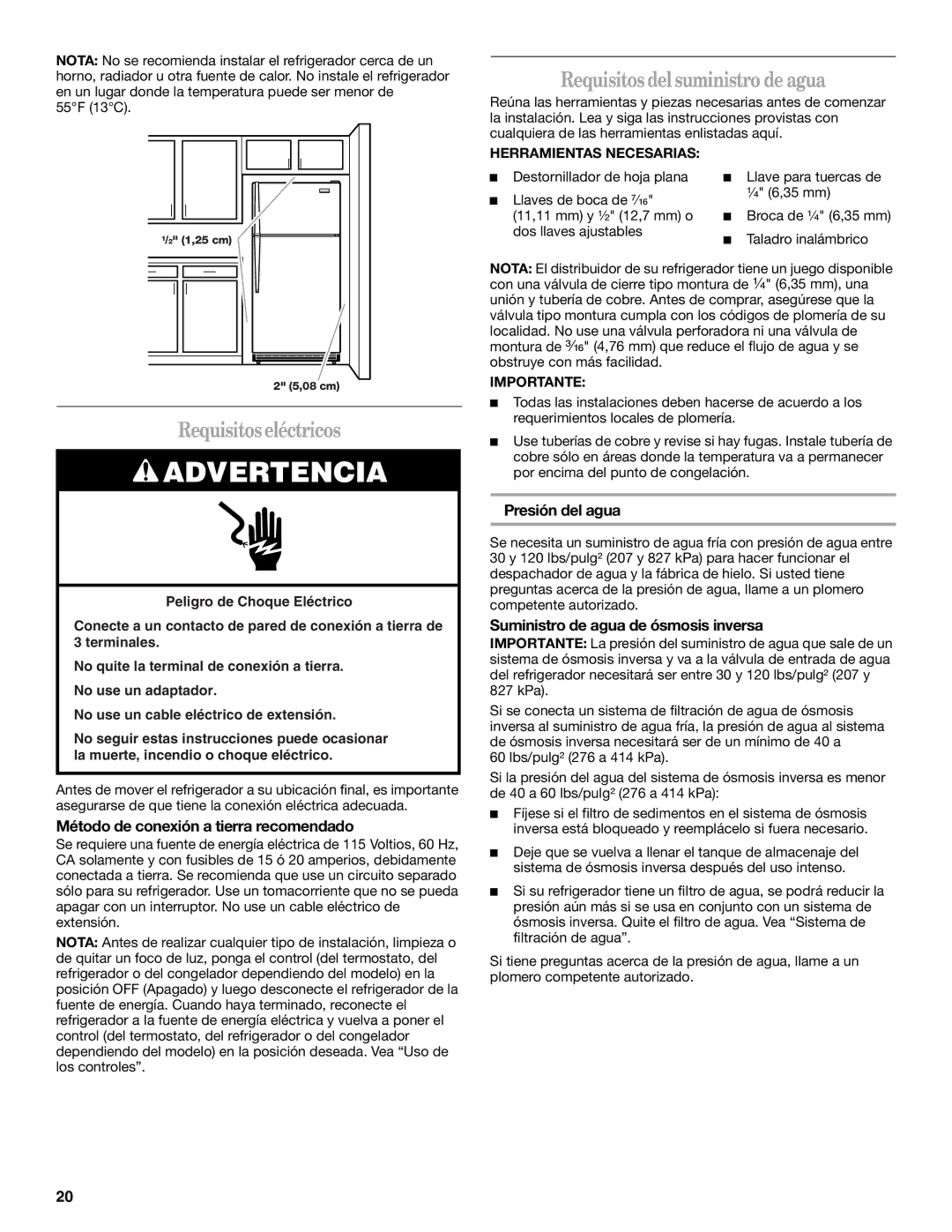 Whirlpool WF-L200V Requisitos eléctricos, Requisitos del suministro de agua, Método de conexión a tierra recomendado 