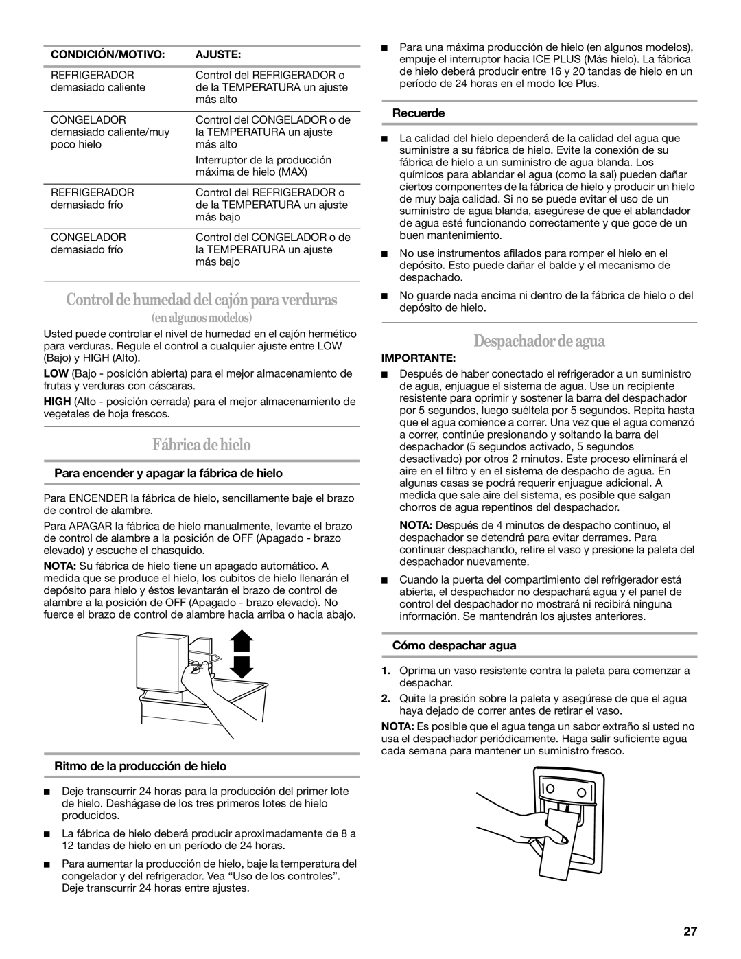 Whirlpool WF-NL120V, WF-L200V installation instructions Fábrica de hielo, Despachador de agua 