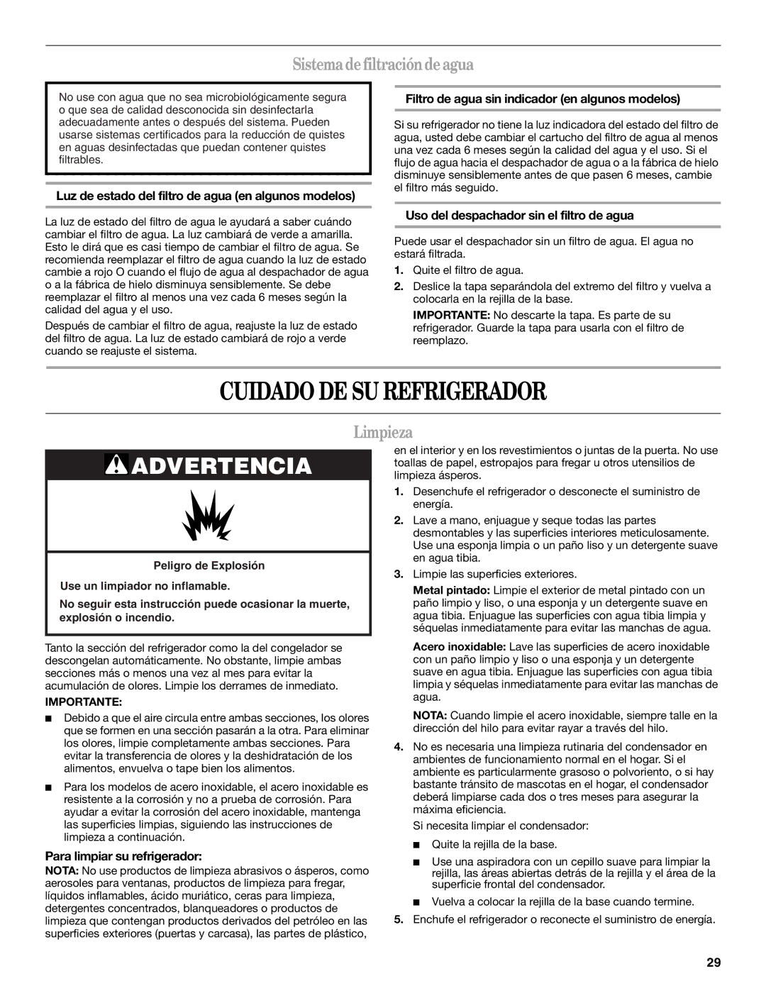 Whirlpool WF-NL120V, WF-L200V installation instructions Cuidado DE SU Refrigerador, Sistema de filtraciónde agua, Limpieza 