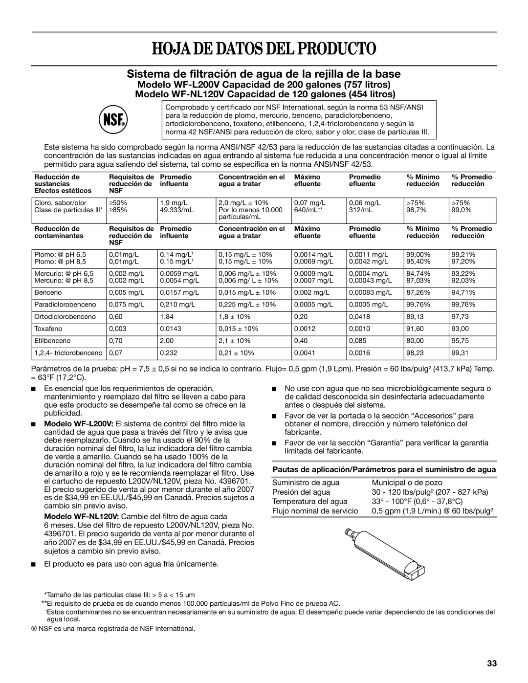 Whirlpool WF-NL120V, WF-L200V Hoja DE Datos DEL Producto, Pautas de aplicación/Parámetros para el suministro de agua 