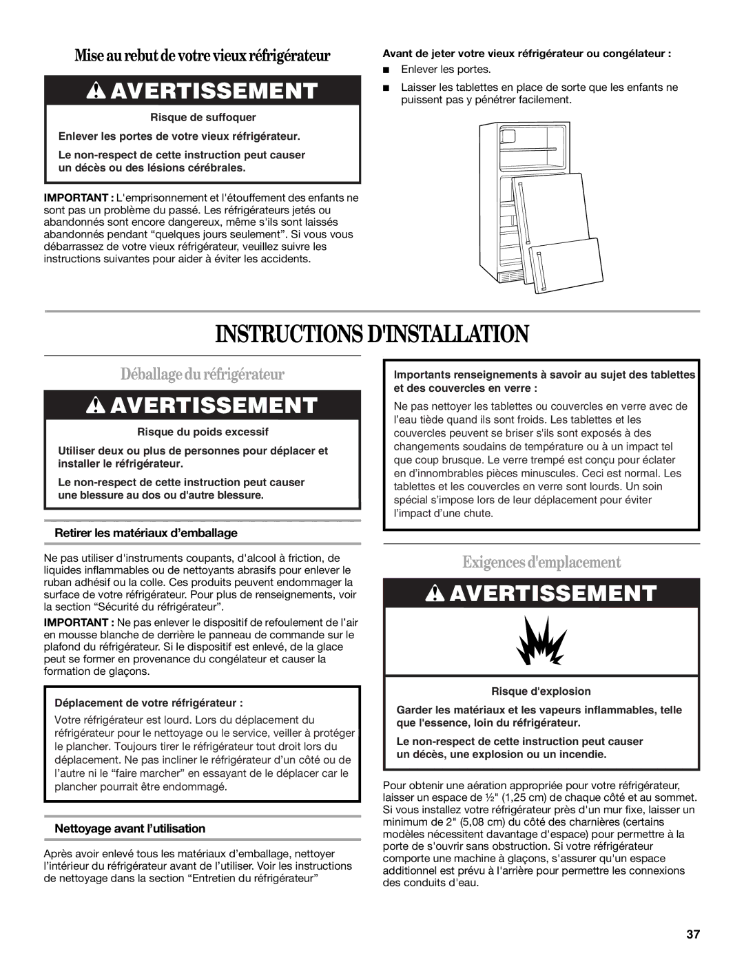 Whirlpool WF-NL120V, WF-L200V Instructions Dinstallation, Déballagedu réfrigérateur, Exigences demplacement 