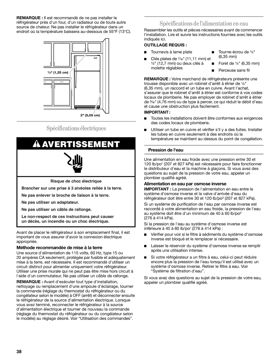 Whirlpool WF-L200V, WF-NL120V Spécificationsélectriques, Spécifications del’alimentationen eau, Pression de leau 