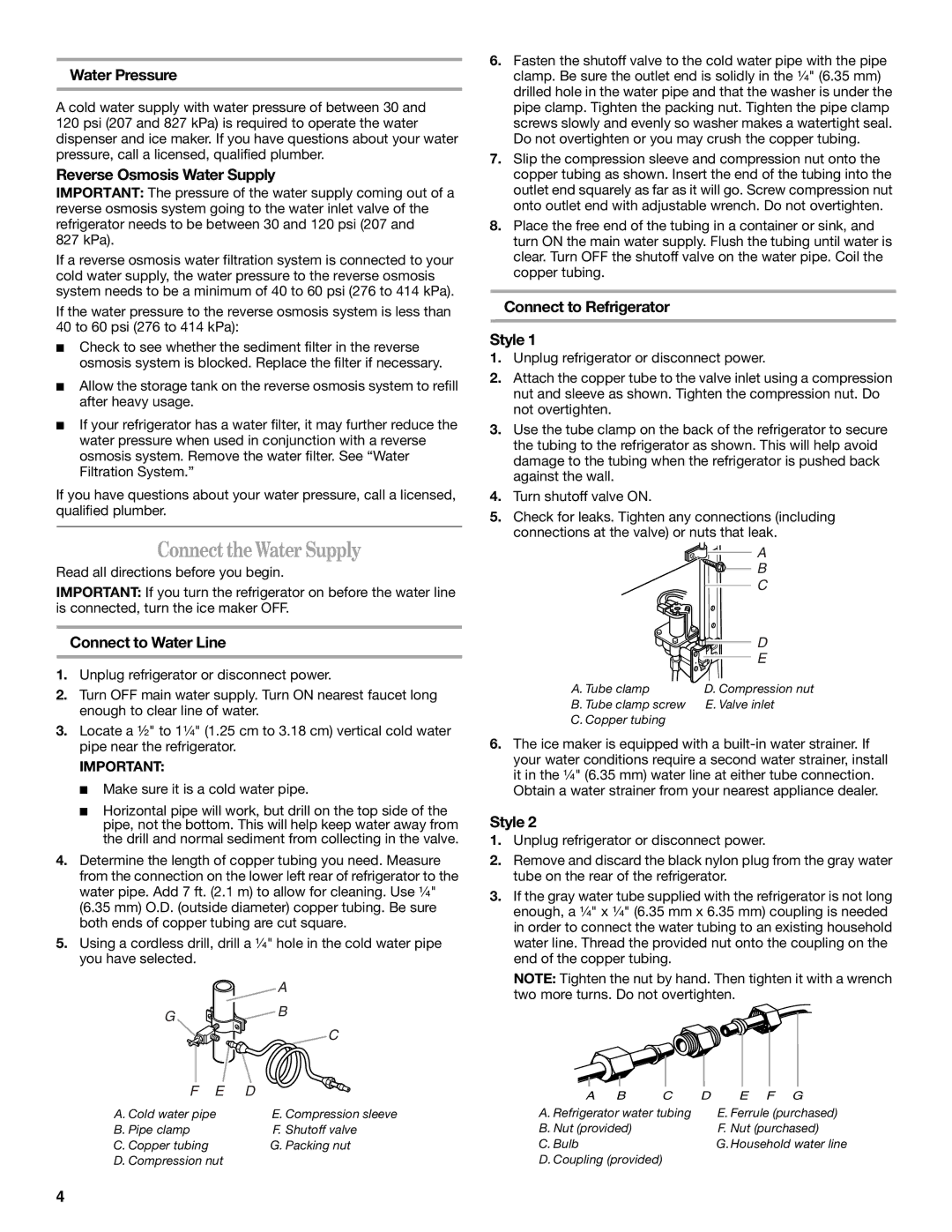 Whirlpool WF-L200V Connect the Water Supply, Water Pressure, Reverse Osmosis Water Supply, Connect to Water Line 