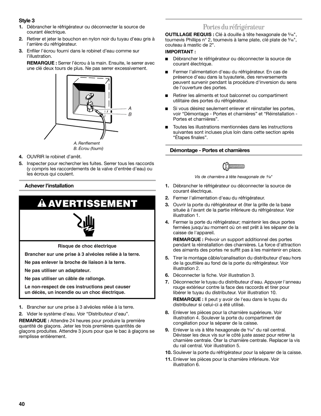 Whirlpool WF-L200V, WF-NL120V Portes duréfrigérateur, Achever l’installation, Démontage Portes et charnières 