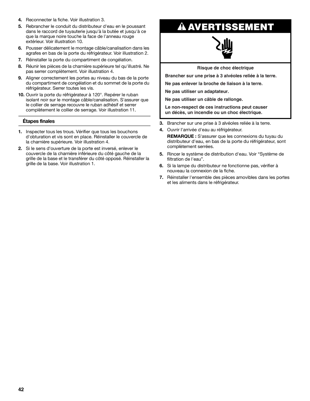 Whirlpool WF-L200V, WF-NL120V installation instructions Étapes finales 