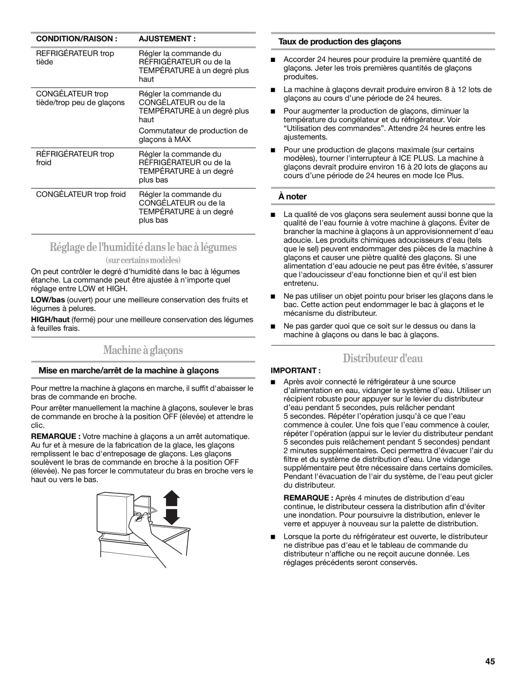 Whirlpool WF-NL120V, WF-L200V Machine à glaçons, Distributeur deau, Mise en marche/arrêt de la machine à glaçons 