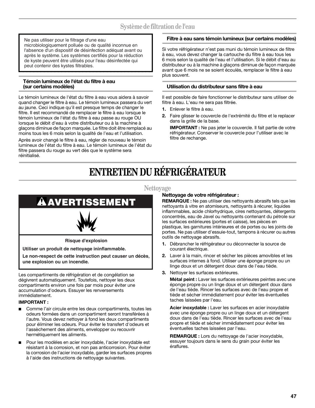 Whirlpool WF-NL120V, WF-L200V installation instructions Entretien DU Réfrigérateur, Système de filtration de leau, Nettoyage 