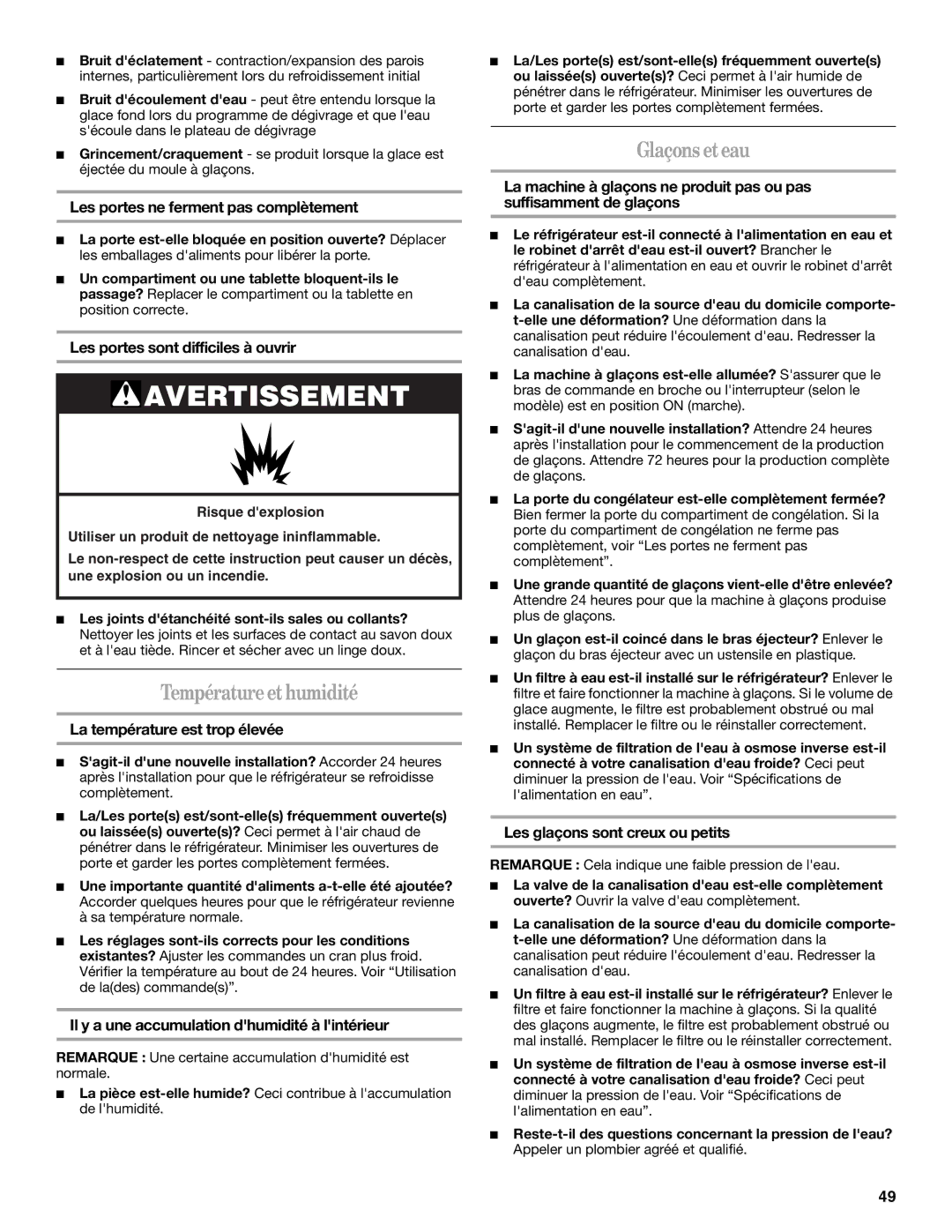 Whirlpool WF-NL120V, WF-L200V installation instructions Température et humidité, Glaçons et eau 