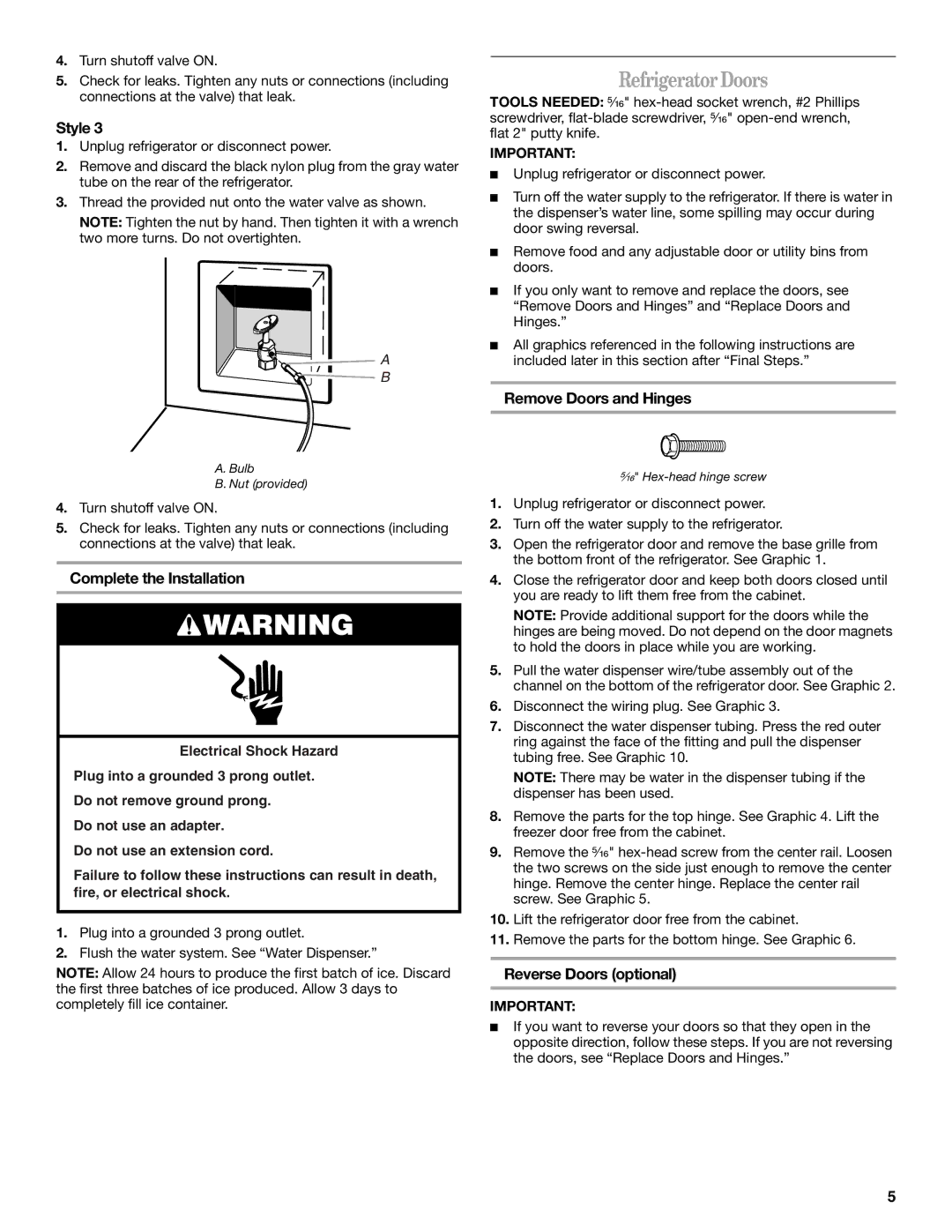 Whirlpool WF-NL120V Refrigerator Doors, Complete the Installation, Remove Doors and Hinges, Reverse Doors optional 