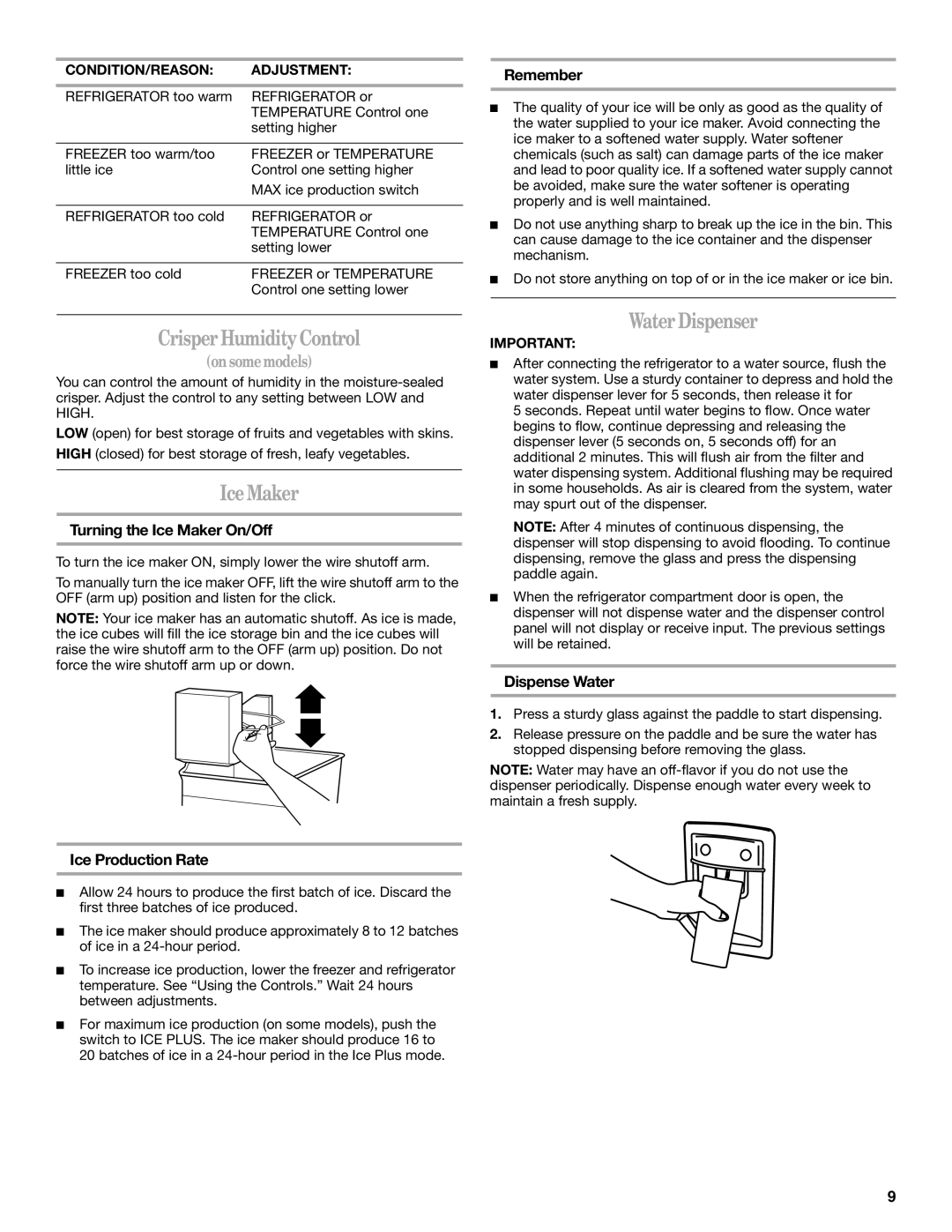 Whirlpool WF-NL120V, WF-L200V installation instructions Crisper Humidity Control, Ice Maker, Water Dispenser 