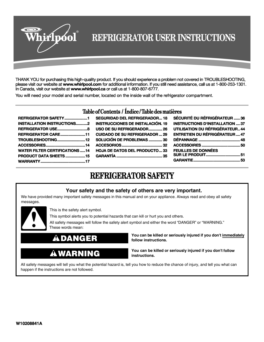 Whirlpool WF-NL120V installation instructions Refrigerator Safety, Danger, Table ofContents / Índice / Table des matières 