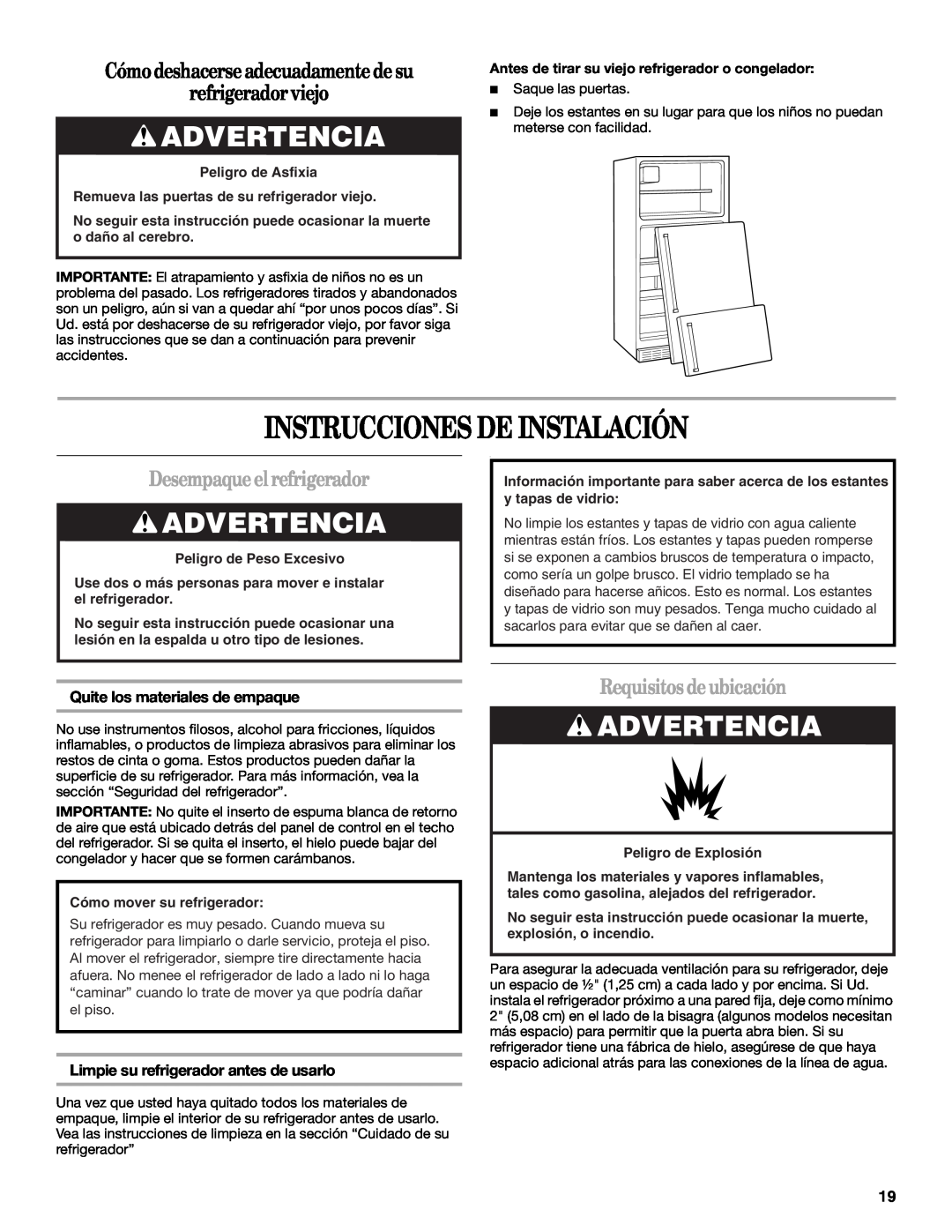 Whirlpool WF-NL120V Instrucciones De Instalación, Advertencia, Cómo deshacerse adecuadamente de su refrigerador viejo 