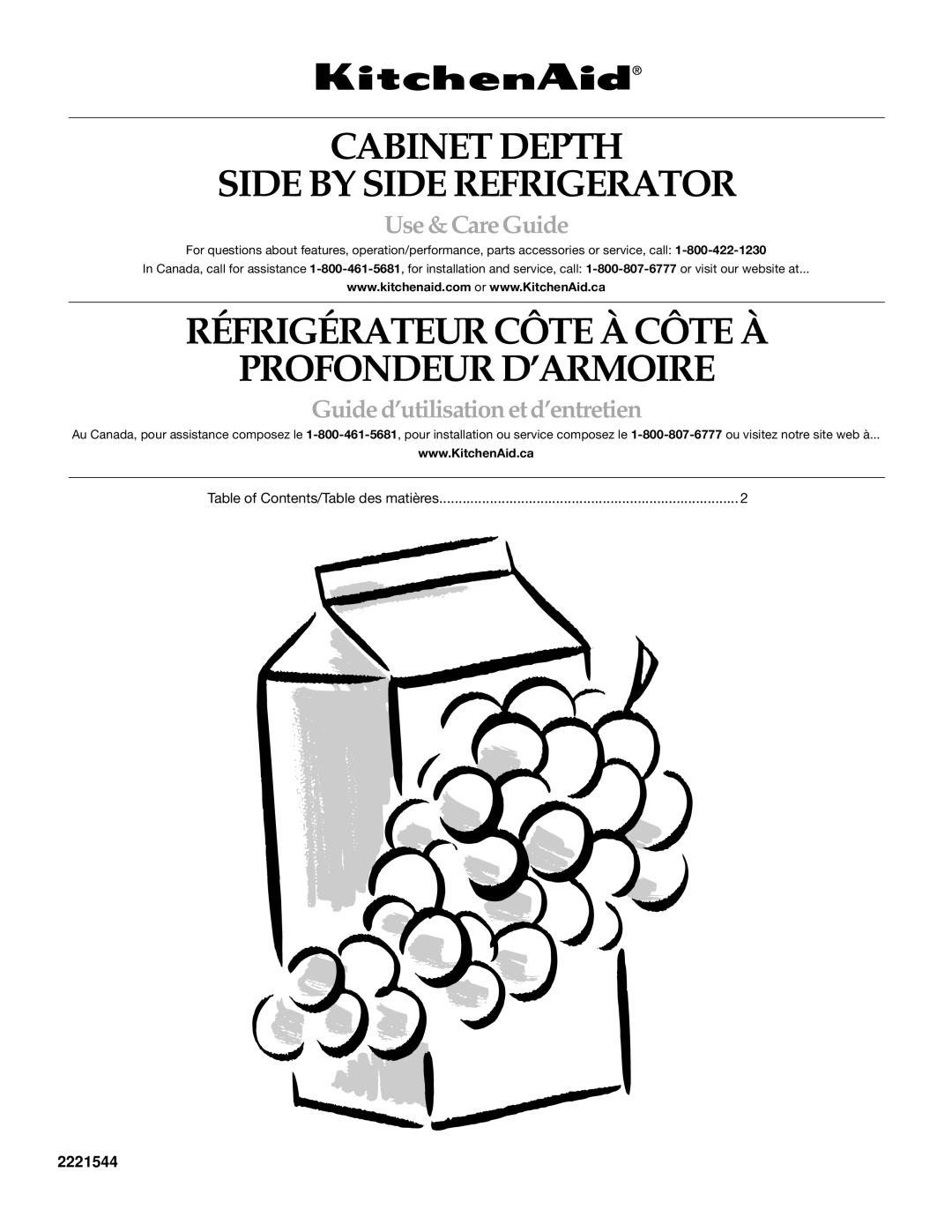 Whirlpool WF-NL500 manual Cabinet Depth Side by Side Refrigerator, Use &CareGuide, Table of Contents/Table des matières 