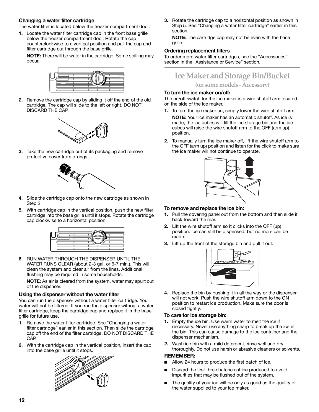 Whirlpool WF-NL300, WF-NL500 manual Ice Maker and Storage Bin/Bucket, On some models Accessory 