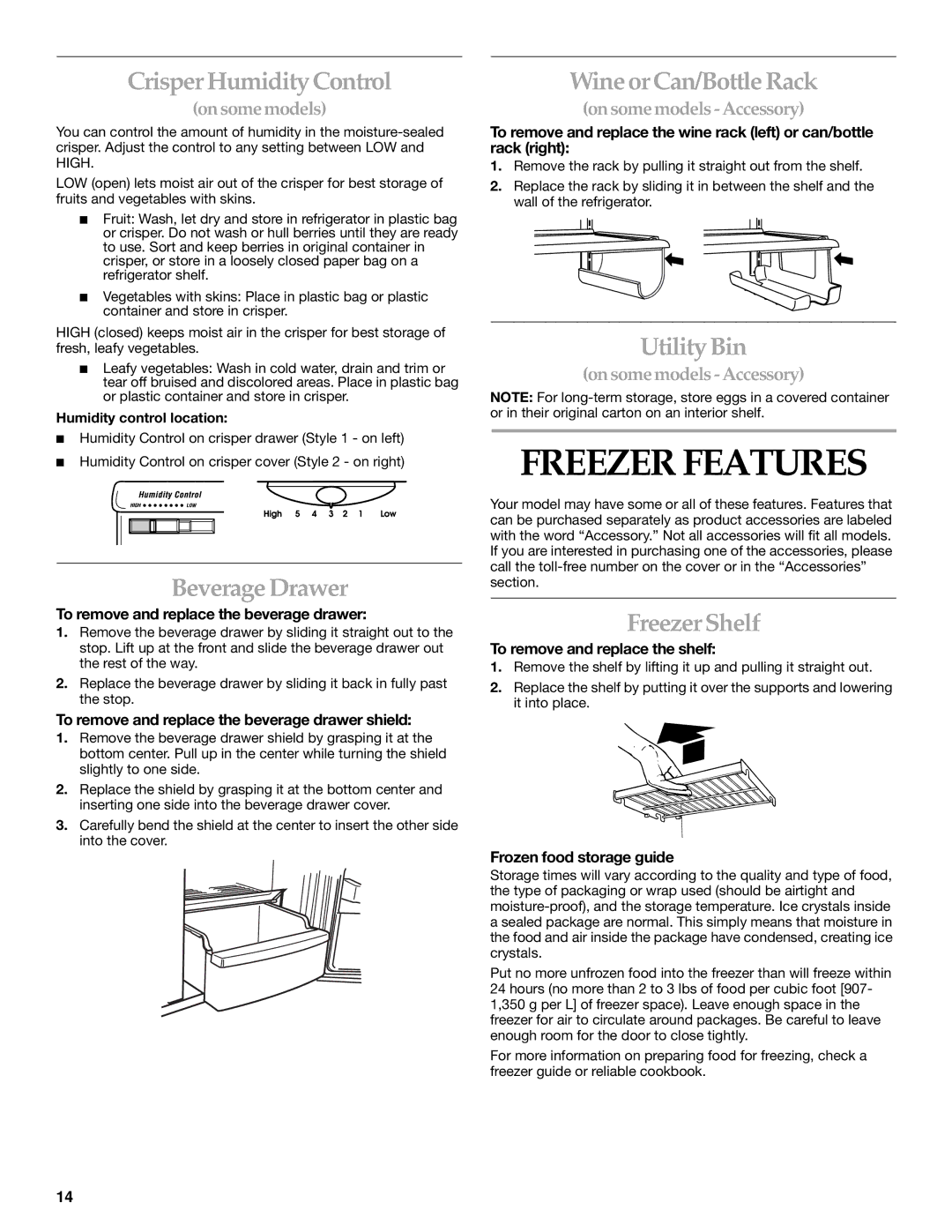 Whirlpool WF-NL300, WF-NL500 manual Freezer Features 