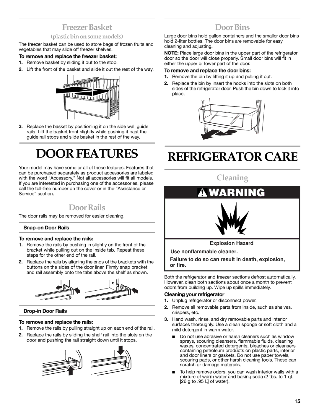 Whirlpool WF-NL500, WF-NL300 manual Door Features, Refrigerator Care 