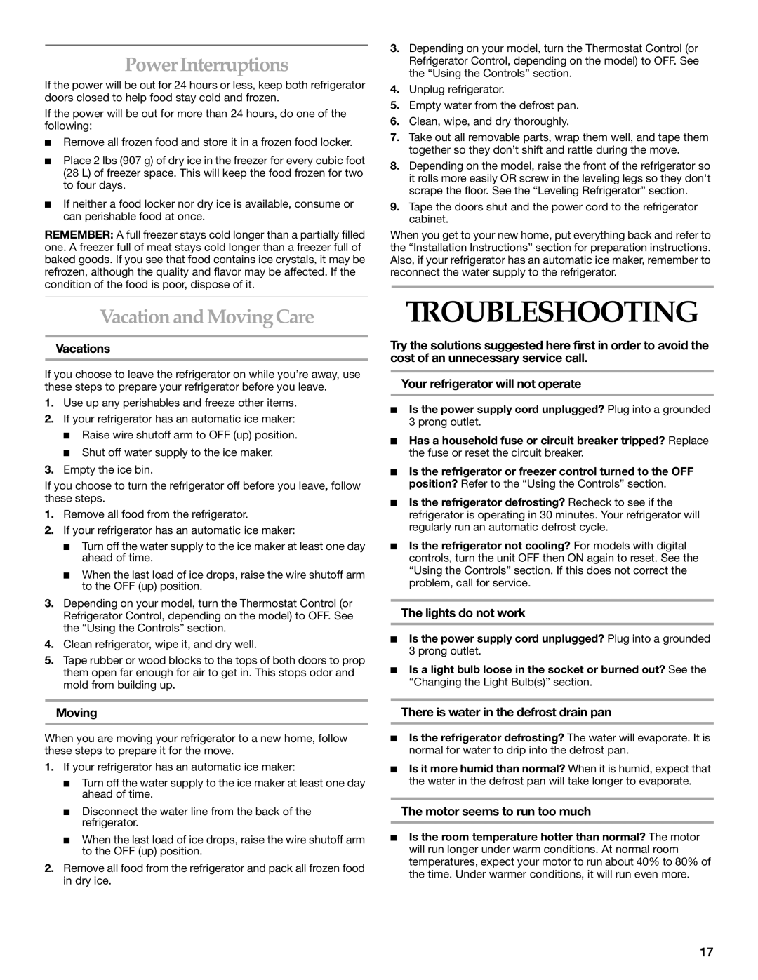 Whirlpool WF-NL500, WF-NL300 manual Troubleshooting, Power Interruptions, Vacation and Moving Care 