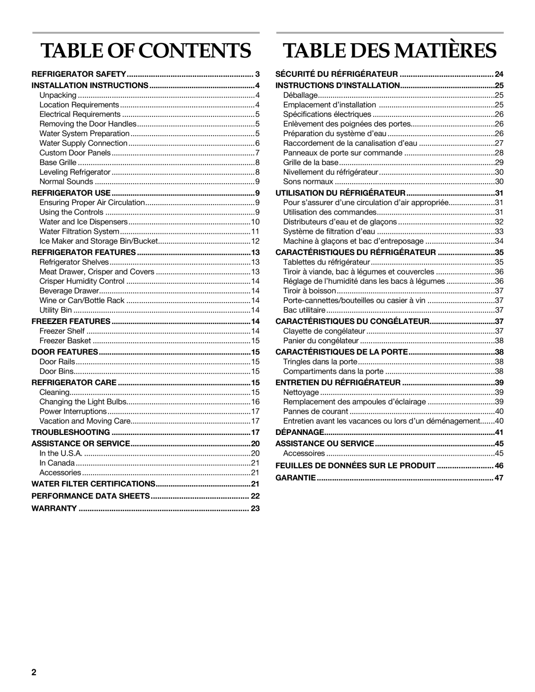 Whirlpool WF-NL300, WF-NL500 manual Table of Contents, Table DES Matières 