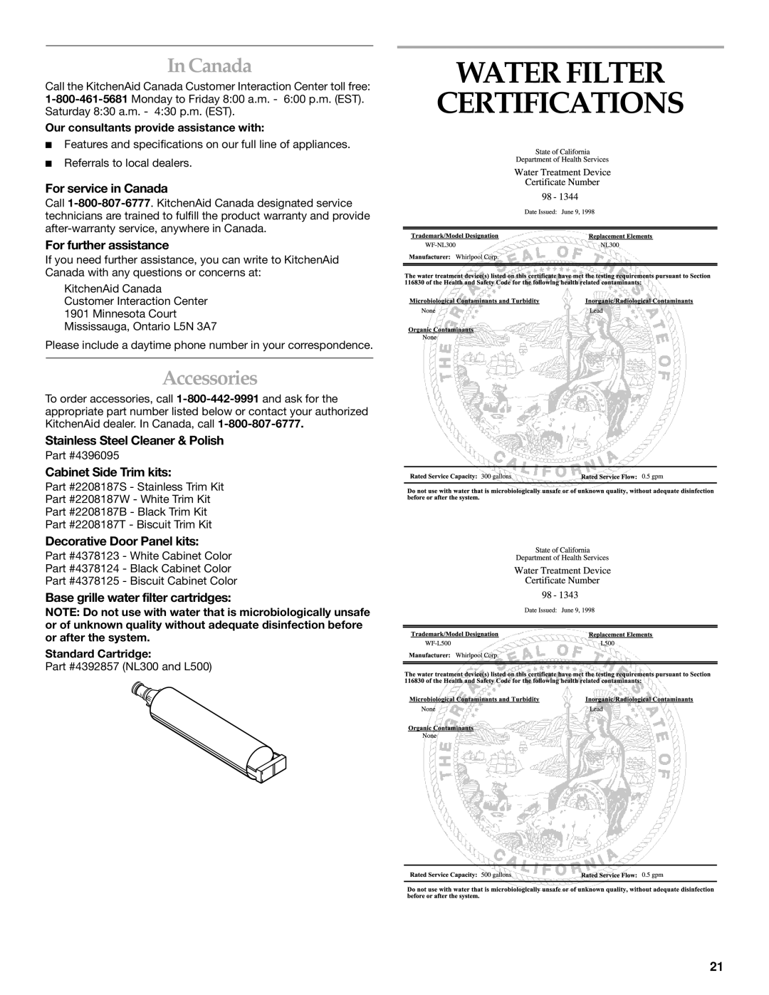 Whirlpool WF-NL500, WF-NL300 manual Water Filter Certifications, Canada, Accessories 