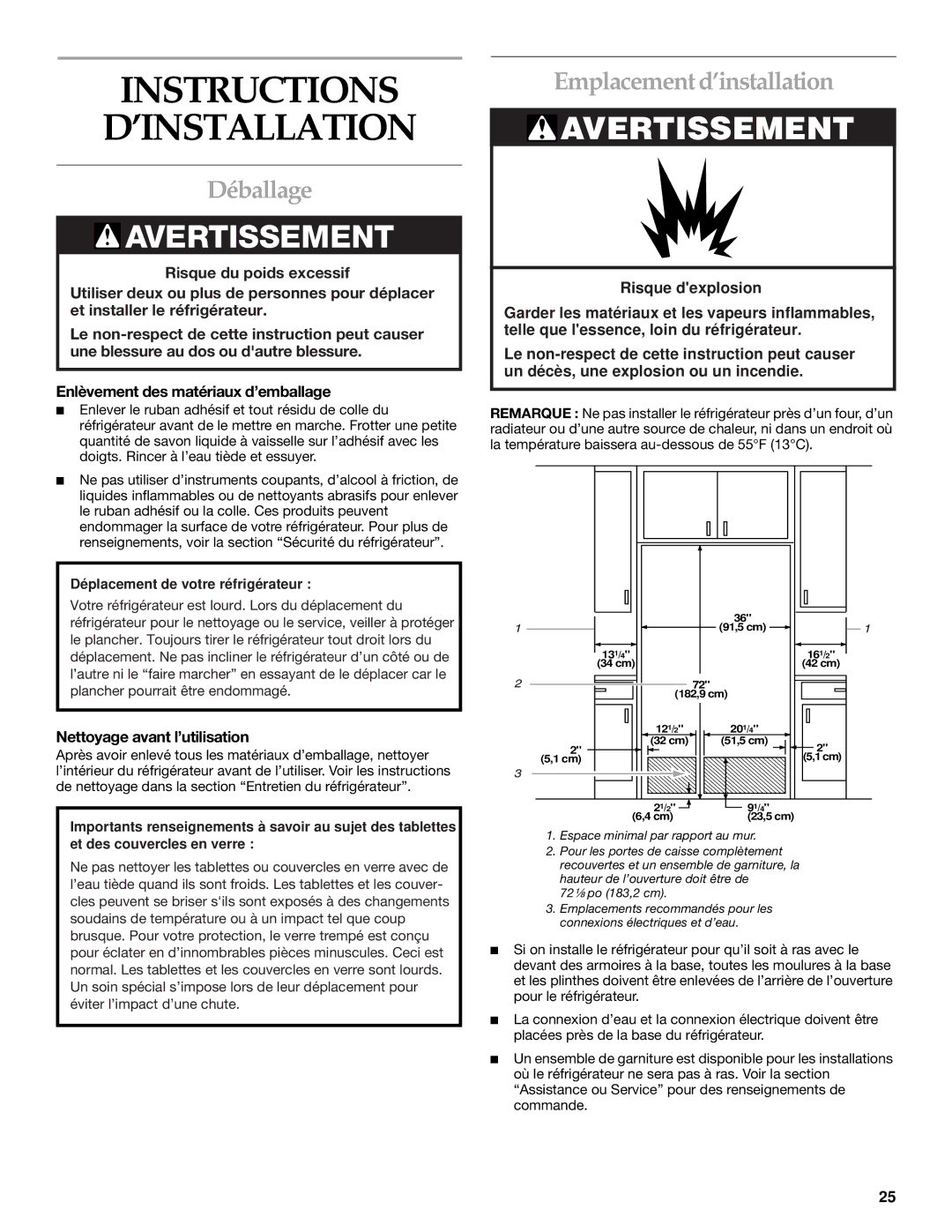 Whirlpool WF-NL500 manual Instructions ’INSTALLATION, Déballage, Emplacement d’installation, Nettoyage avant l’utilisation 