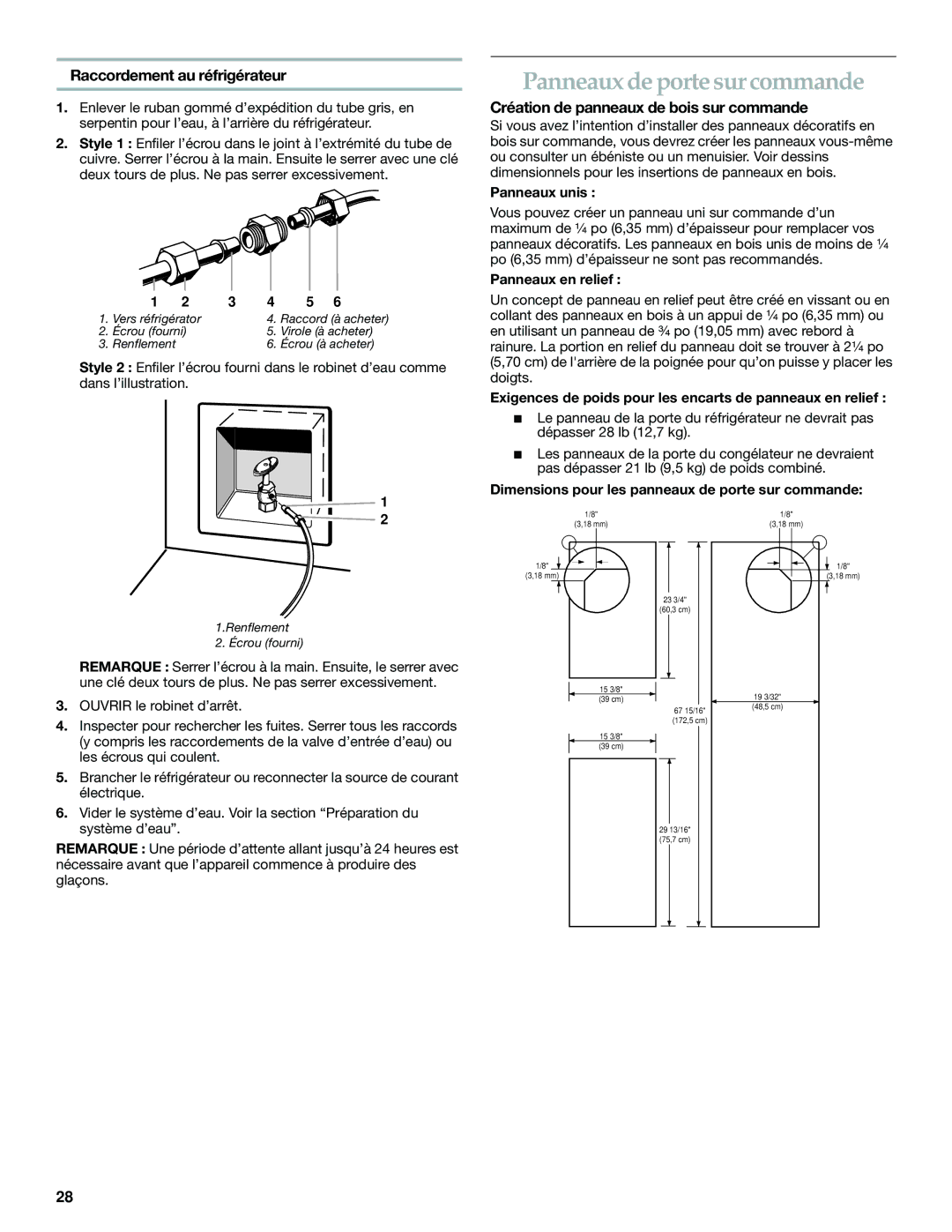 Whirlpool WF-NL300, WF-NL500 manual Panneaux de porte sur commande, Raccordement au réfrigérateur 