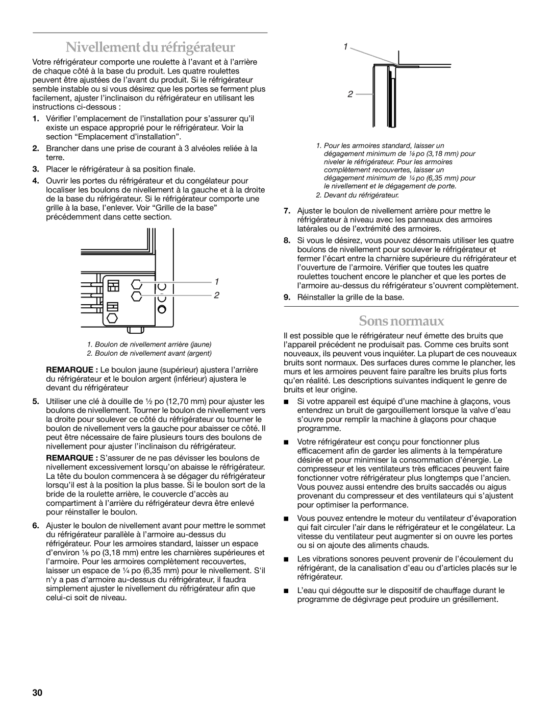 Whirlpool WF-NL300, WF-NL500 manual Nivellement du réfrigérateur, Sons normaux 