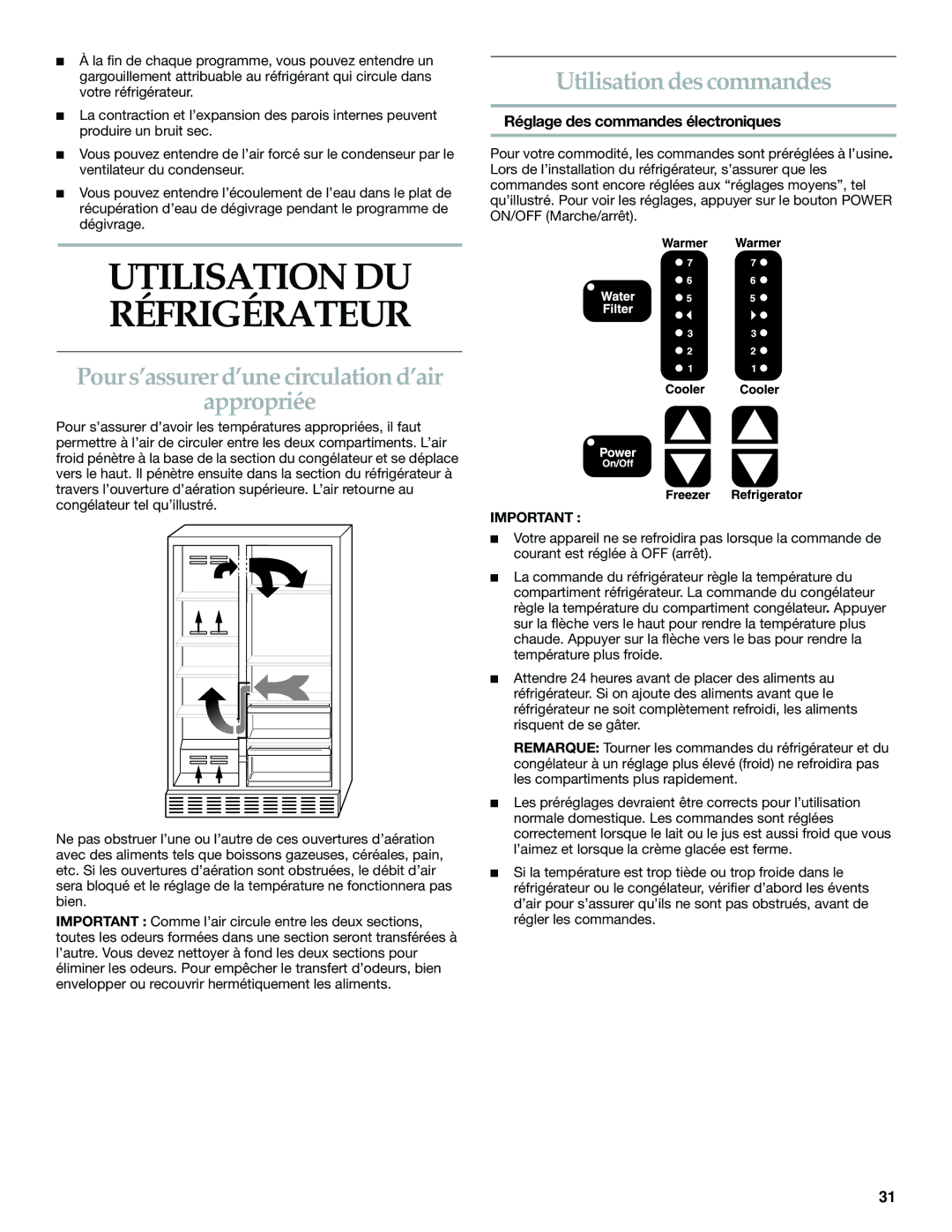 Whirlpool WF-NL500, WF-NL300 manual Utilisation des commandes, Pour s’assurer d’une circulation d’air Appropriée 