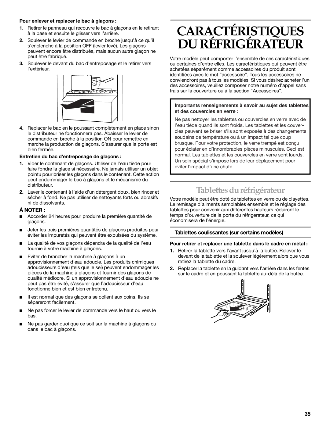 Whirlpool WF-NL500, WF-NL300 manual Tablettes du réfrigérateur, Tablettes coulissantes sur certains modèles 