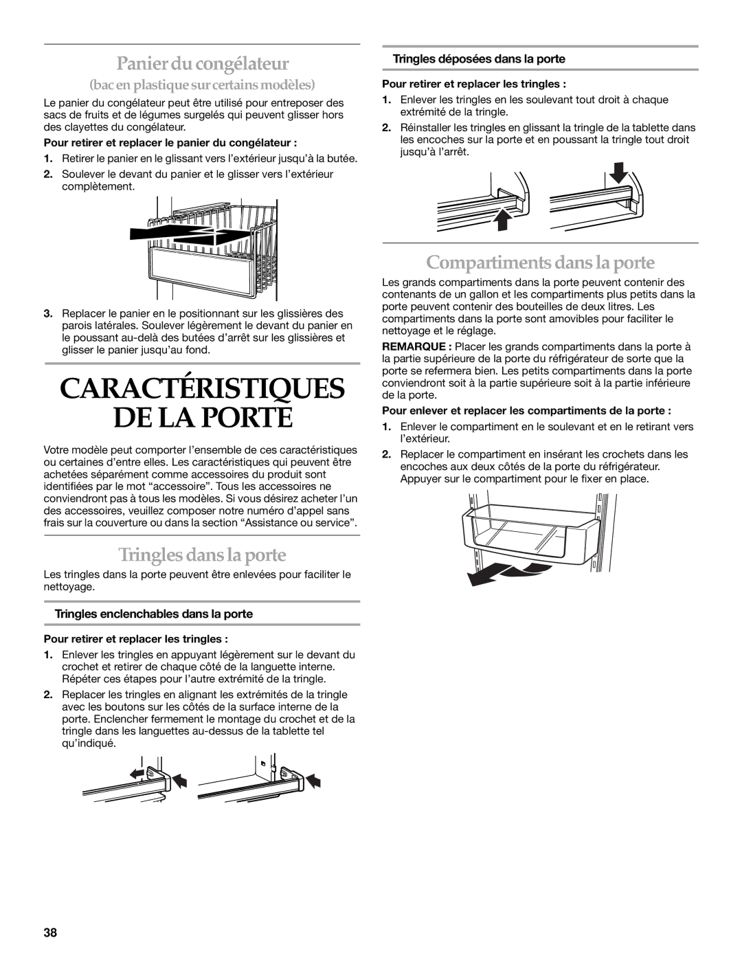 Whirlpool WF-NL300, WF-NL500 manual Caractéristiques DE LA Porte, Panier du congélateur, Tringles dans la porte 