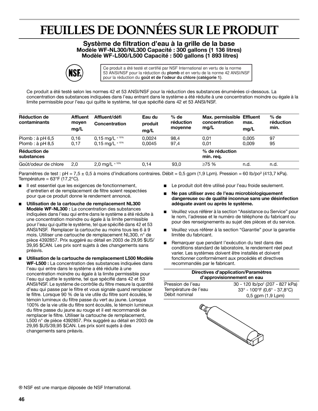 Whirlpool WF-NL300, WF-NL500 manual Feuilles DE Données SUR LE Produit, Réduction de De réduction Substances Min. req 