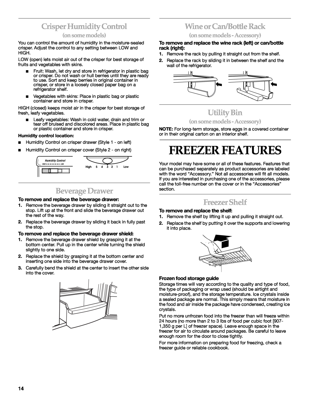 Whirlpool WF-NL300 manual Freezer Features, Crisper Humidity Control, Beverage Drawer, Wine or Can/Bottle Rack, Utility Bin 