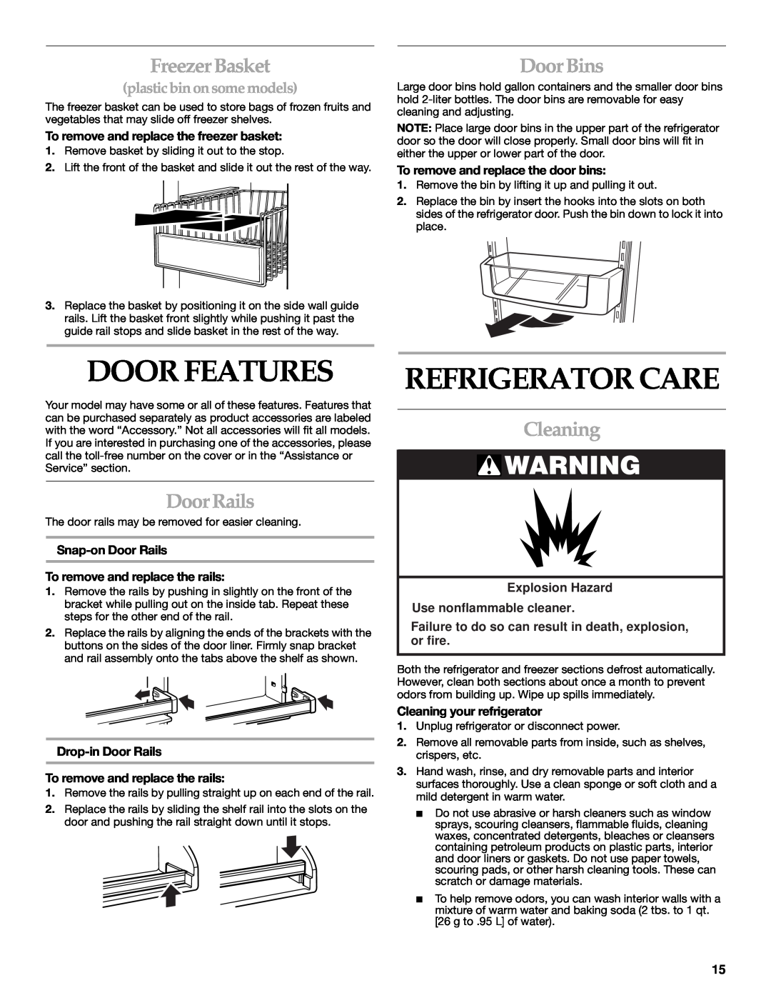 Whirlpool WF-NL500, WF-NL300 manual Door Features, Refrigerator Care, Freezer Basket, Door Bins, Door Rails, Cleaning 