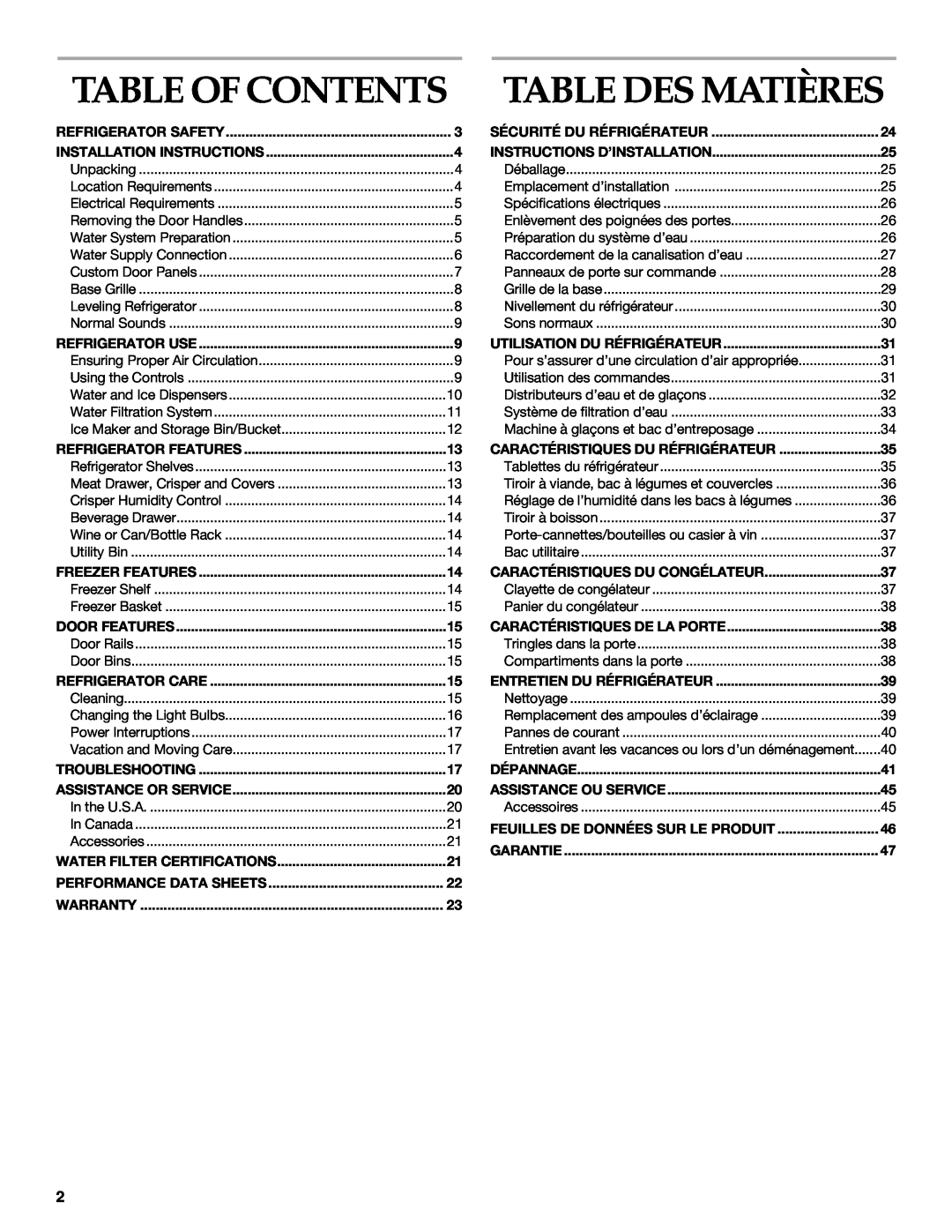 Whirlpool WF-NL300 Table Of Contents, Table Des Matières, Refrigerator Safety, Installation Instructions, Refrigerator Use 