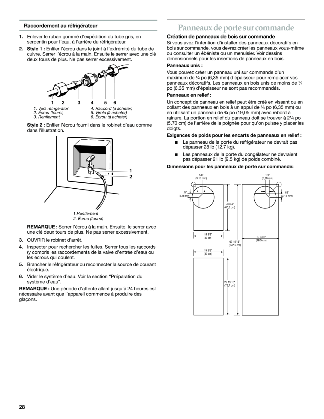 Whirlpool WF-NL300 manual Panneaux de porte sur commande, Raccordement au réfrigérateur, Panneaux unis, Panneaux en relief 