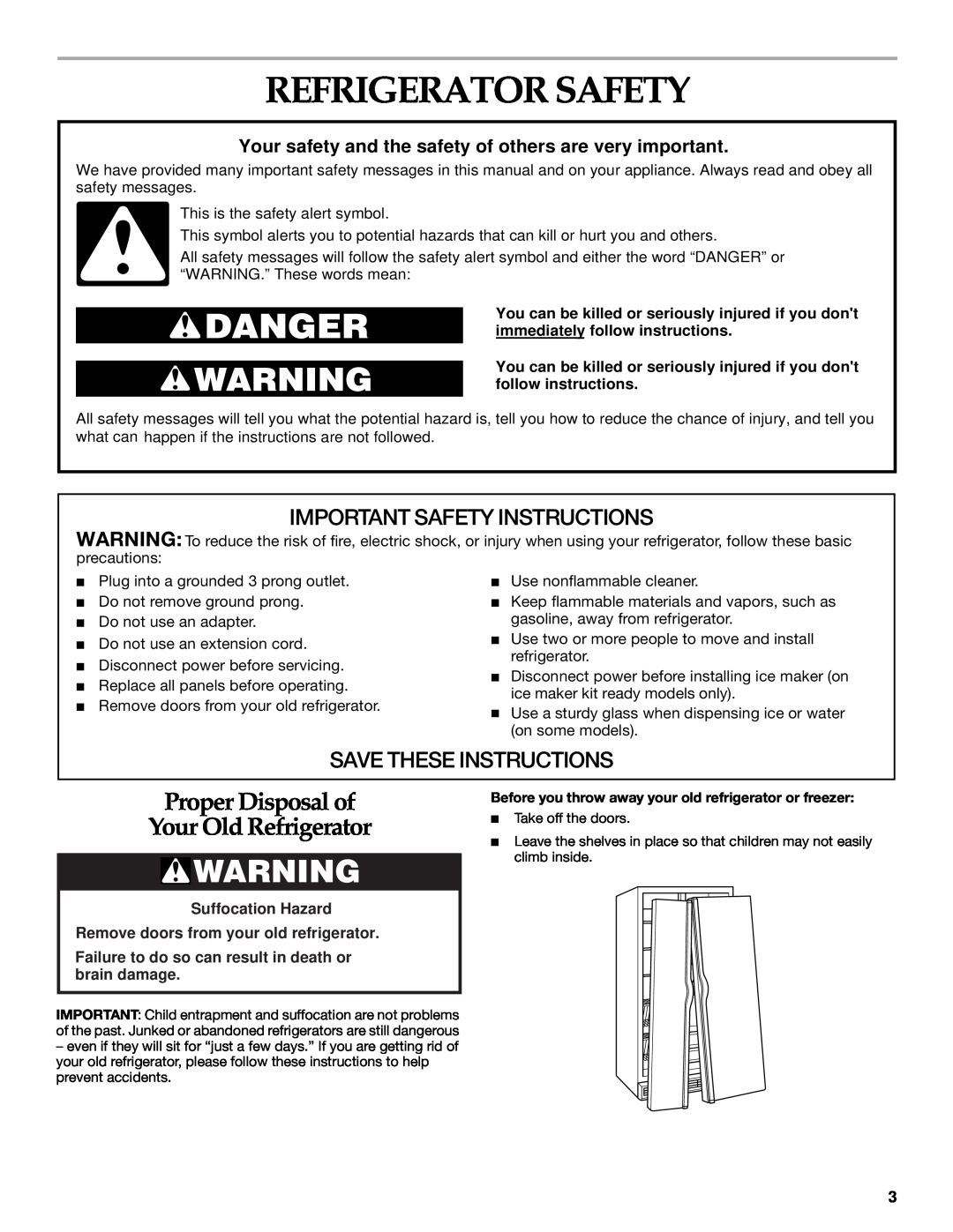 Whirlpool WF-NL500, WF-NL300 Refrigerator Safety, Proper Disposal of Your Old Refrigerator, Important Safety Instructions 