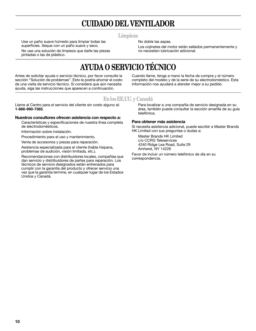 Whirlpool WF4235ER1 manual Cuidado DEL Ventilador, Ayuda O Servicio Técnico, Limpieza, Enlos EE.UU. y Canadá 