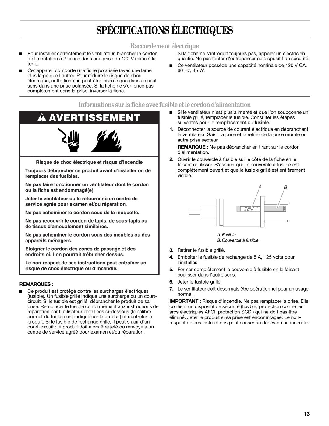 Whirlpool WF4235ER1 manual Spécifications Électriques, Raccordement électrique, Remarques 