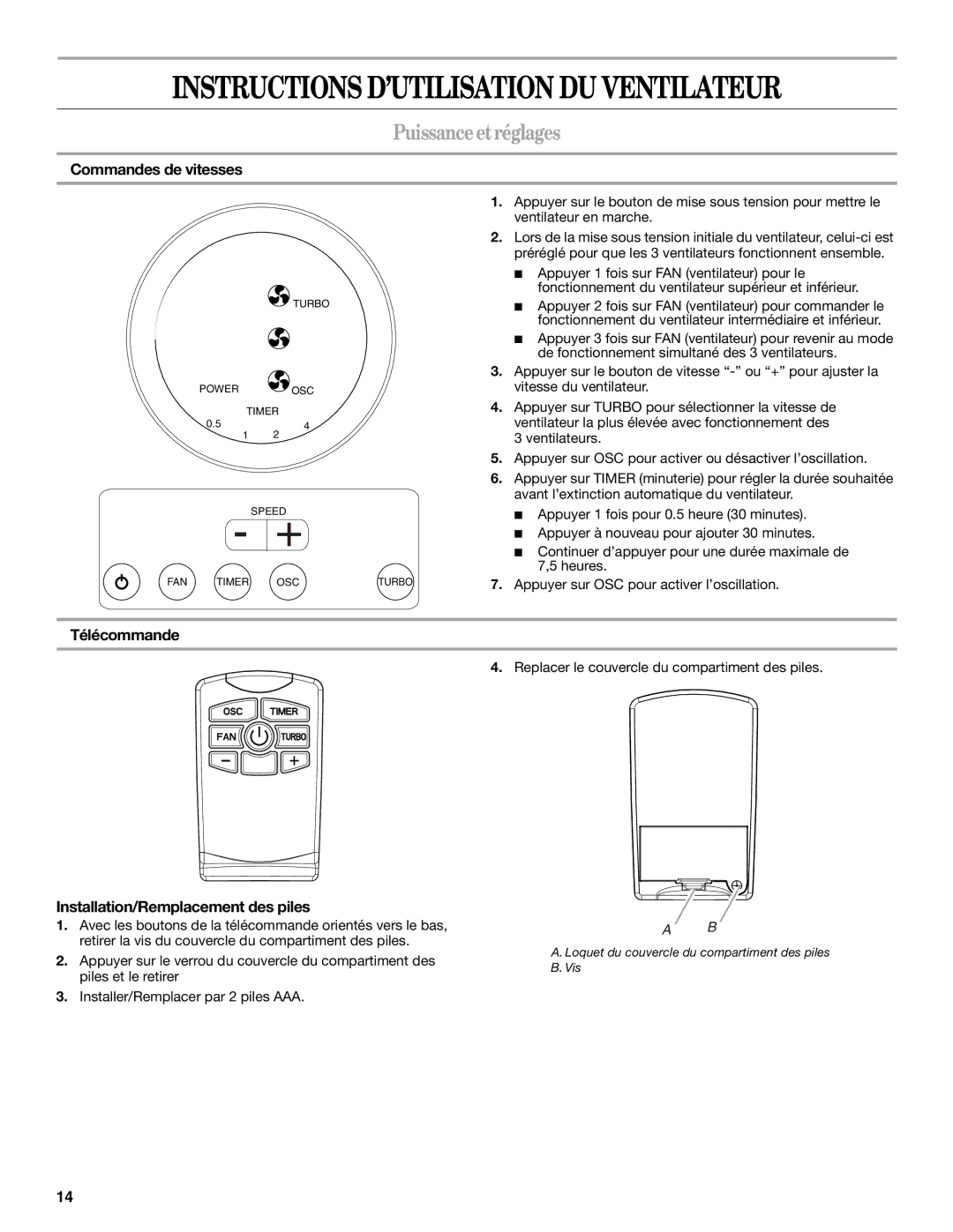 Whirlpool WF4235ER1 Instructions D’UTILISATION DU Ventilateur, Puissance et réglages, Commandes de vitesses, Télécommande 