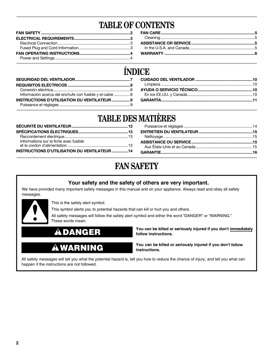 Whirlpool WF4235ER1 manual Table of Contents, Índice, Table DES Matières, FAN Safety 