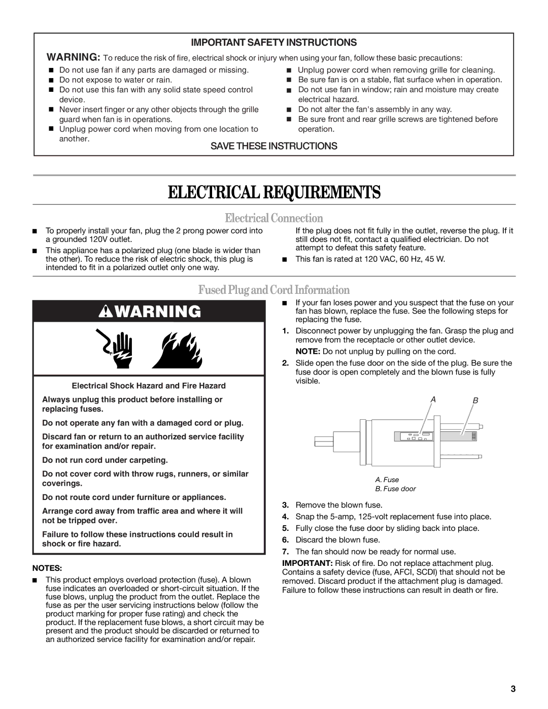 Whirlpool WF4235ER1 manual Electrical Requirements, Electrical Connection, Fused Plug and Cord Information 