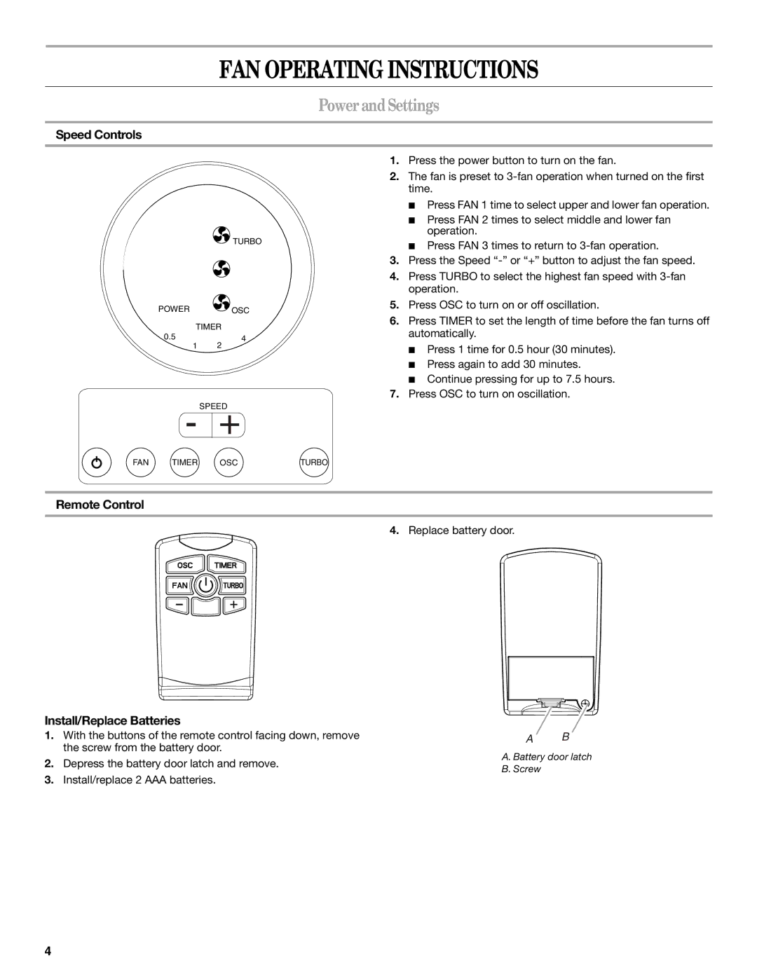 Whirlpool WF4235ER1 manual FAN Operating Instructions, Power and Settings, Speed Controls, Remote Control 