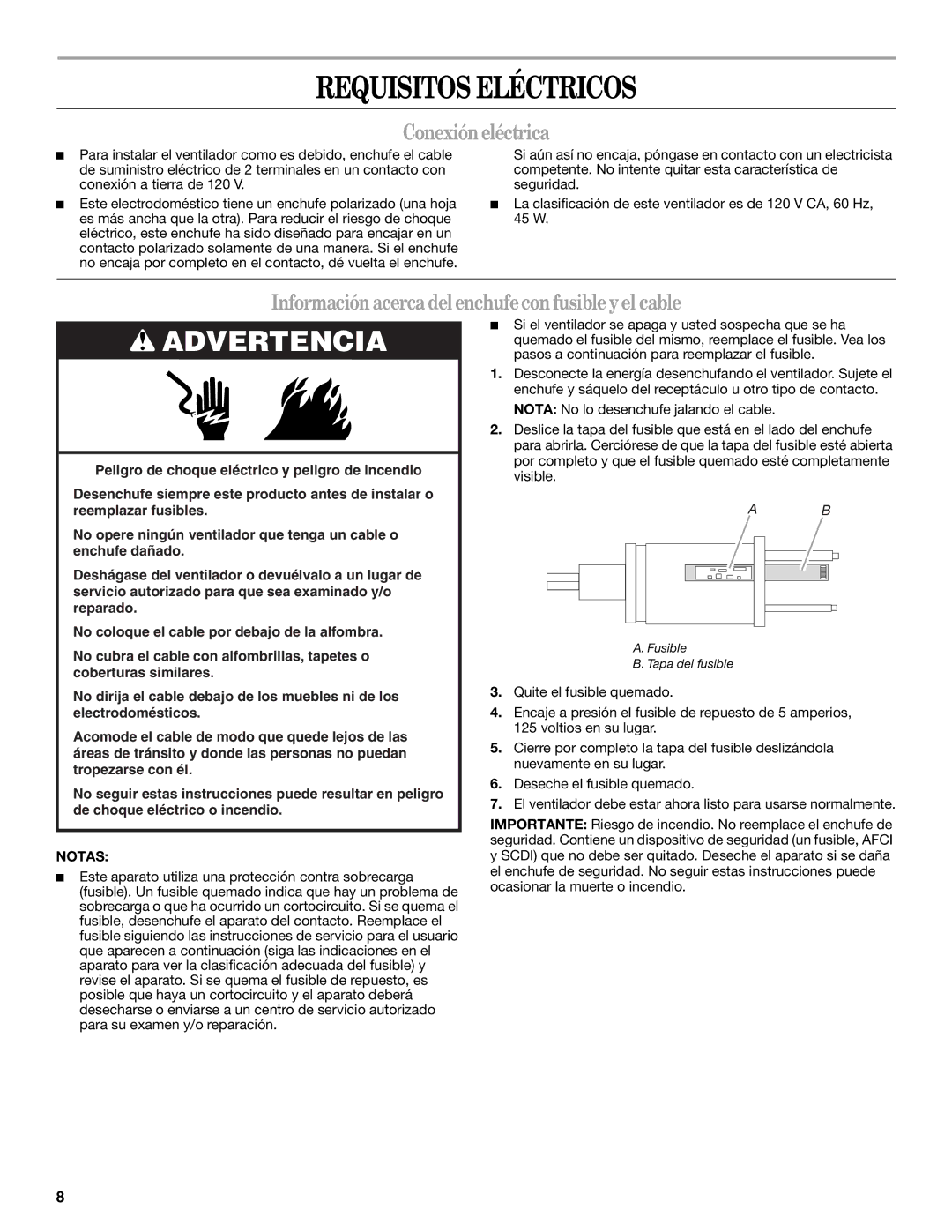 Whirlpool WF4235ER1 Requisitos Eléctricos, Conexióneléctrica, Información acerca delenchufecon fusible y el cable, Notas 