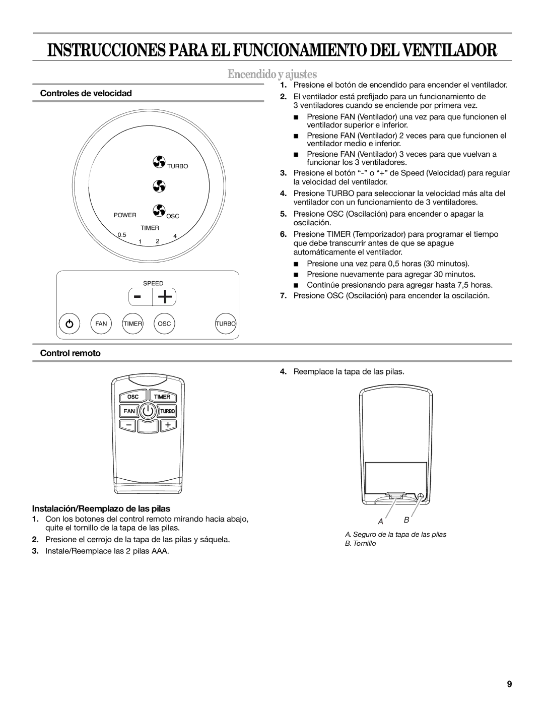 Whirlpool WF4235ER1 manual Encendido y ajustes, Controles de velocidad, Control remoto, Instalación/Reemplazo de las pilas 