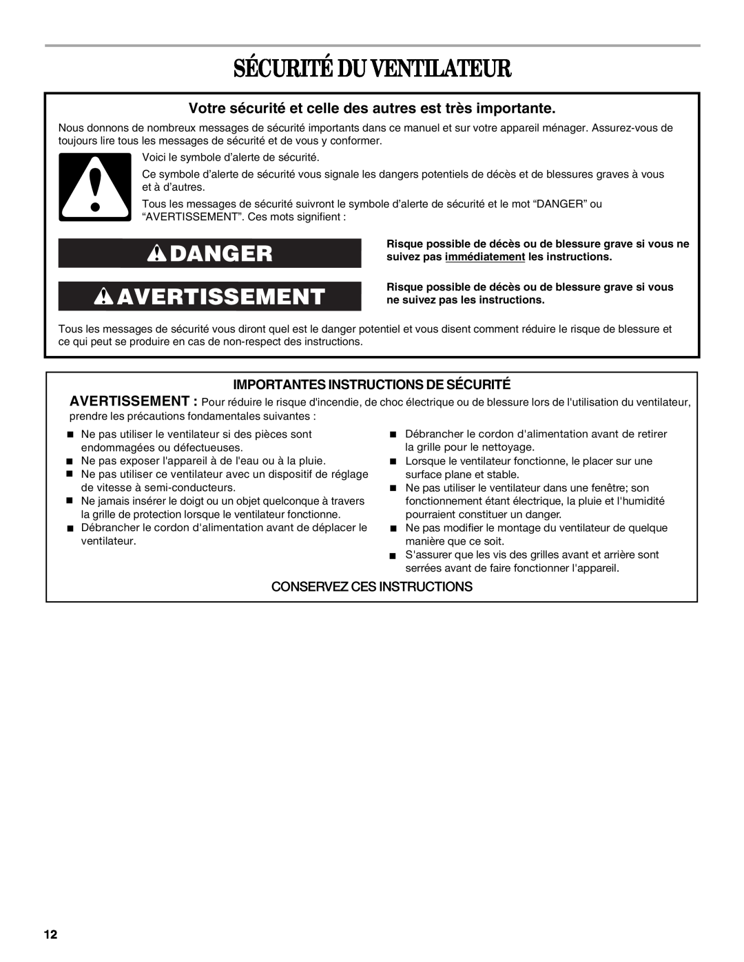 Whirlpool WF4235ER1 manual Sécurité Du Ventilateur, Danger Avertissement, Importantes Instructions De Sécurité 