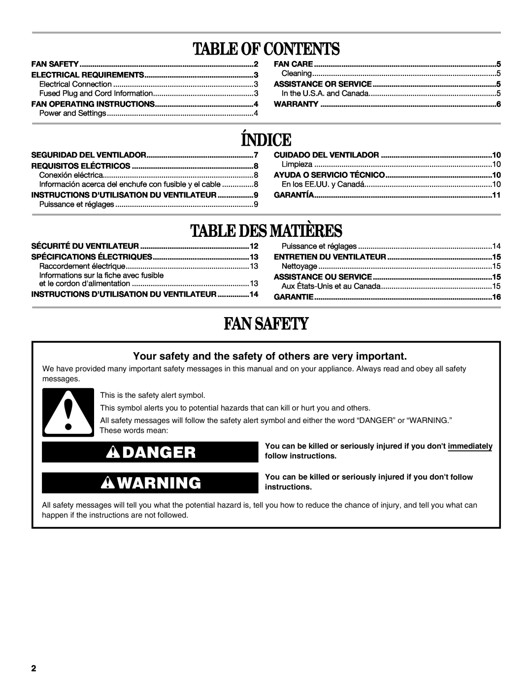 Whirlpool WF4235ER1 manual Table Of Contents, Índice, Table Des Matières, Fan Safety, Danger 